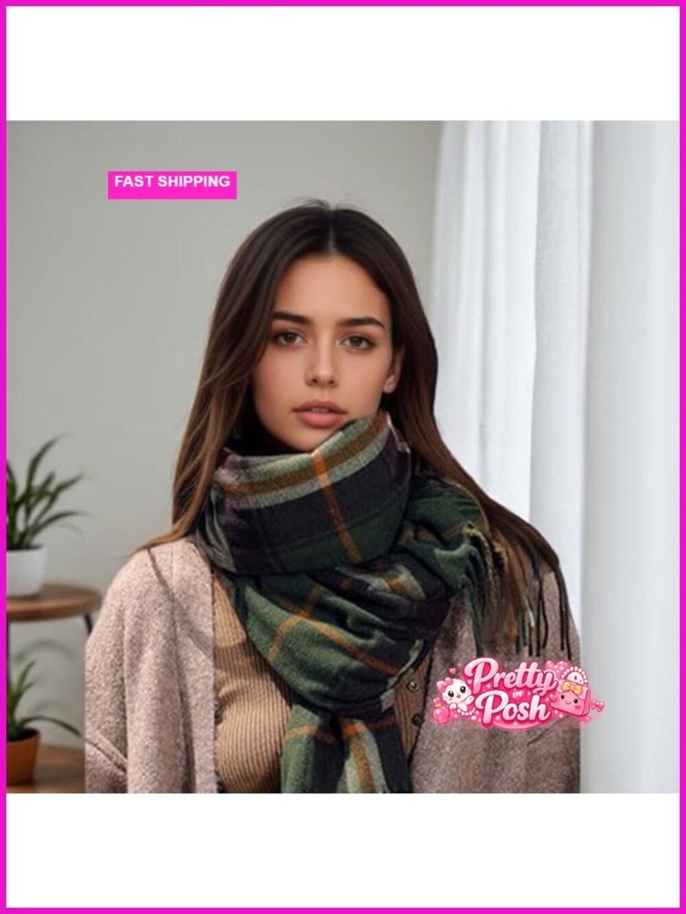Oversized Plaid Blanket Scarf Tassel Warm Winter Shawl Wrap - Picture 5 of 6